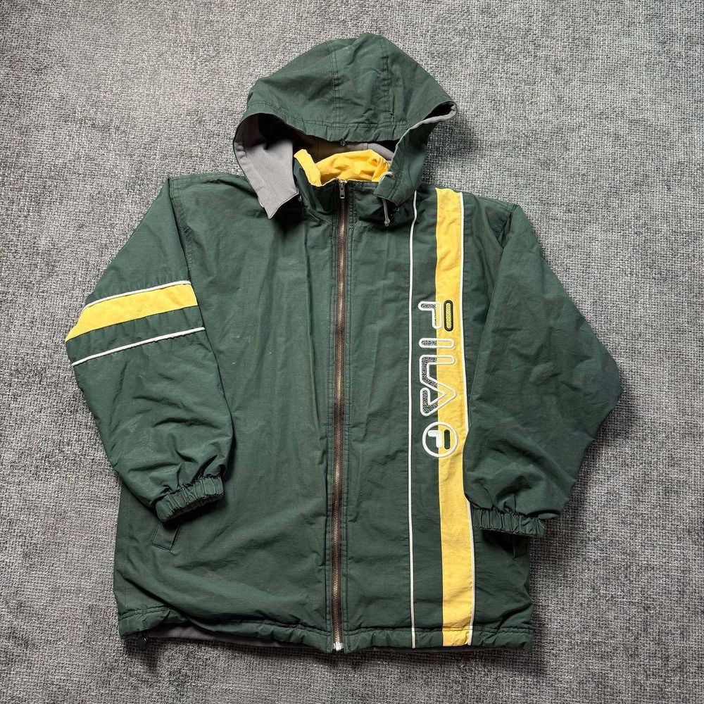 Fila Reversible Puffer Jacket Mens‎ Large Grey Green Yellow 90s Detachable Hood